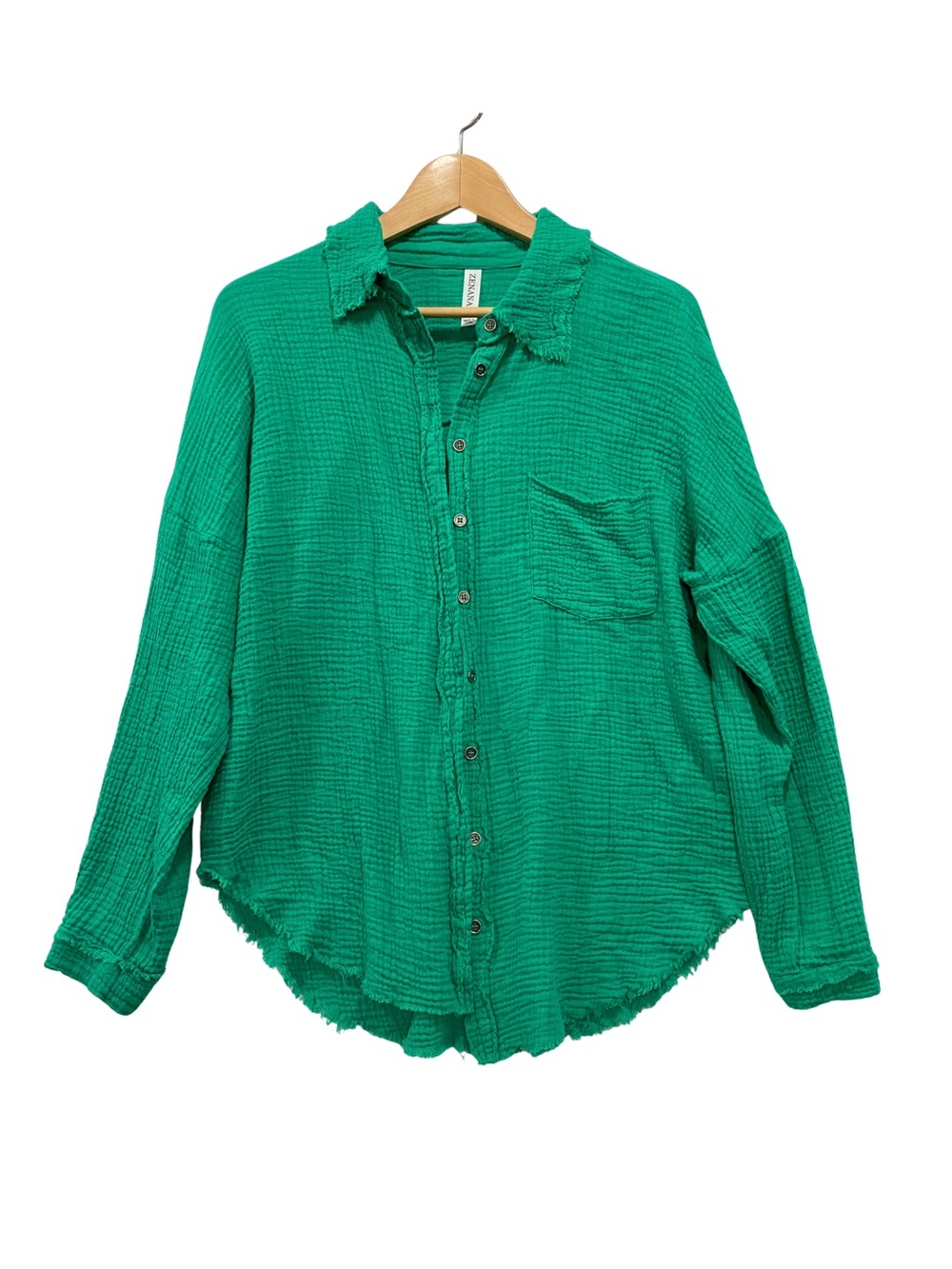 Zenana Green Double Gauze Cotton Oversized Raw Edge Frayed Button Down Shirt S